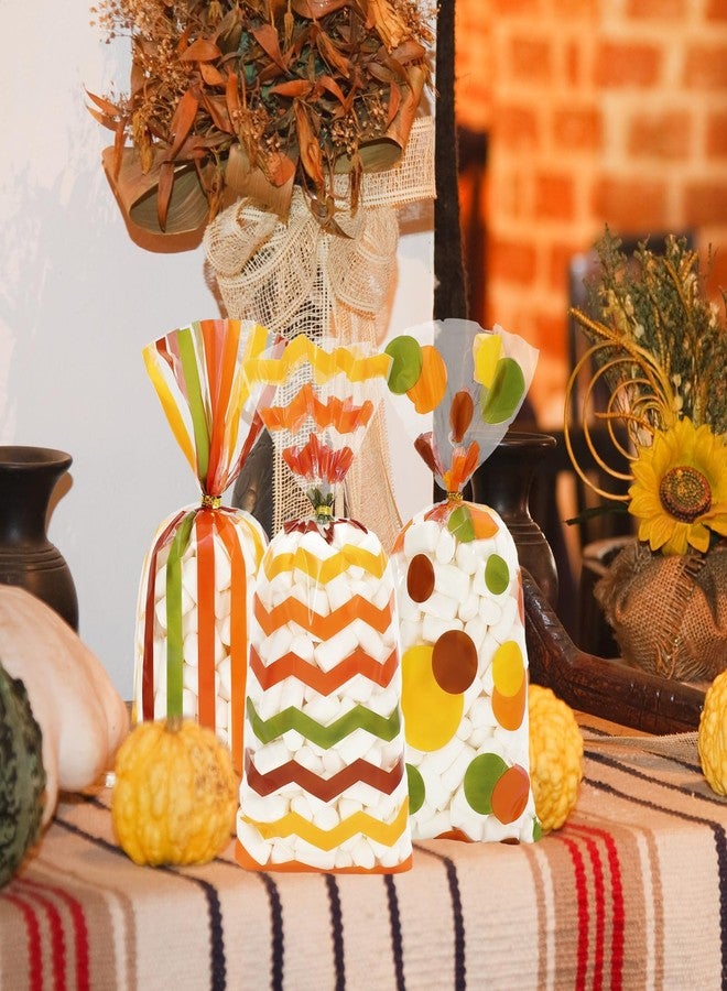 وولاين مجموعة Whaline من 100 كيس هدايا سيلوفان لعيد الشكر، بألوان زاهية ومخططة ومنقطة، مصنوعة من البلاستيك، مع أربطة لولبية، مثالية لتغليف الحلويات والوجبات الخفيفة في حفلات عيد الشكر الخريفية. - Image 4